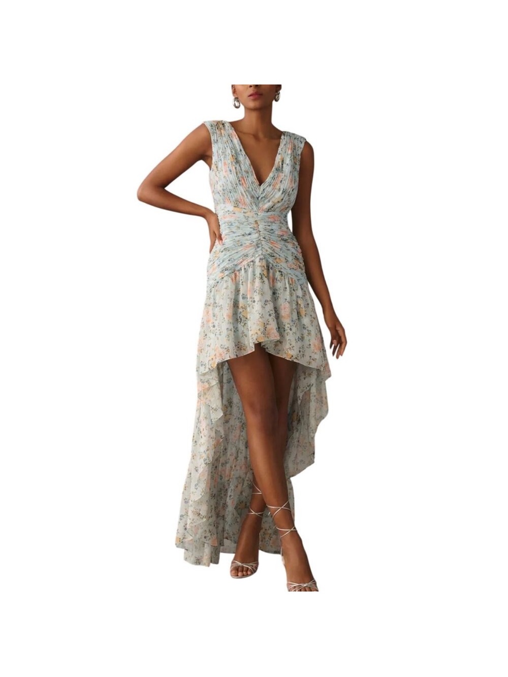 $398 Mac Duggal Size 8 Light Blue Floral Ruched Cap Sleeve High Low Gown Dress